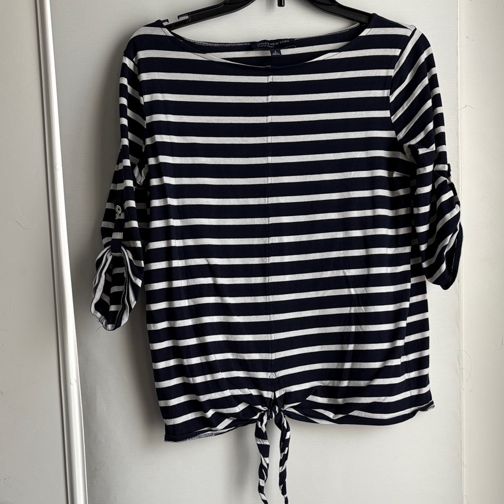 Jones New York Navy and White Striped Blouse